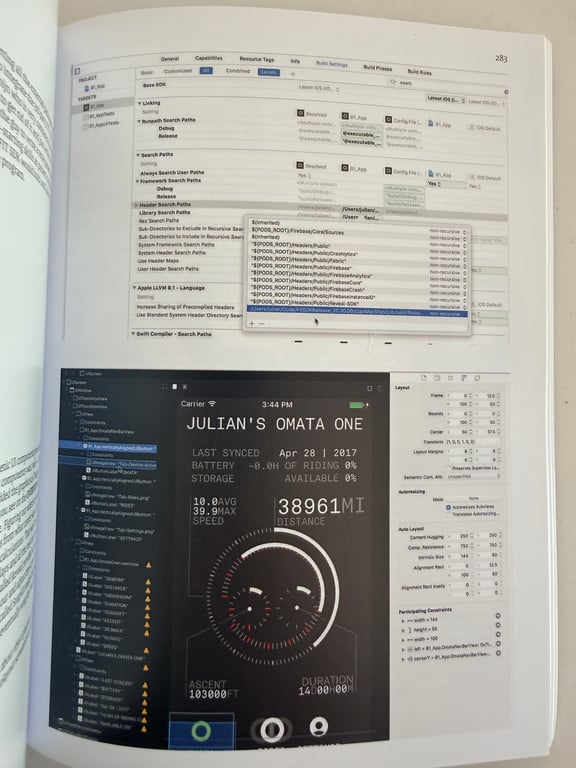 A photograph of page 283 from 260 Weeks of a Hardware Startup, Volume 1, showing Xcode project settings above an early OMATA Utility App interface in Interface Builder.