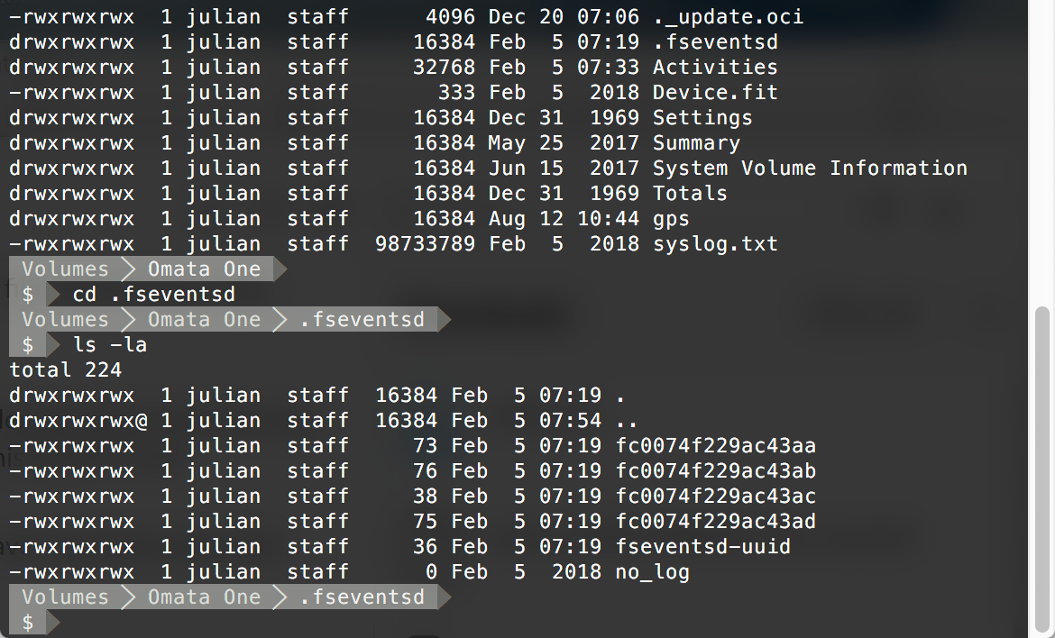 A terminal listing the OMATA One activity store, hidden filesystem event files, device FIT data, and a large system log.