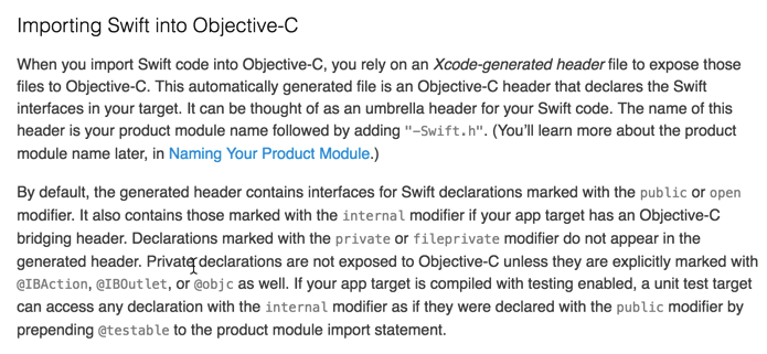 A reference excerpt explaining the Xcode-generated Swift-to-Objective-C interface used for interoperability.