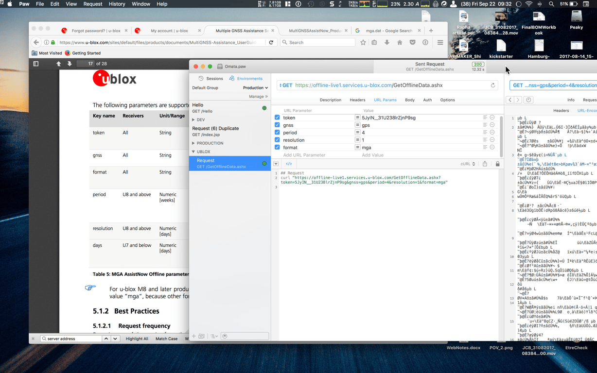 A desktop showing u-blox GNSS assistance documentation beside Paw request testing for offline GPS data.