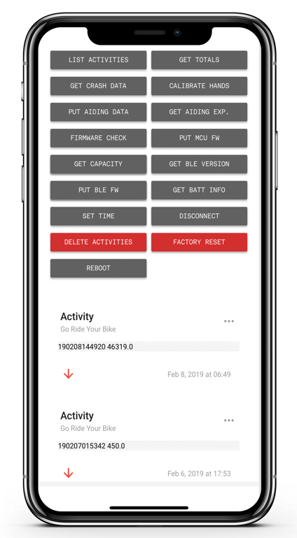 OMATA RX service app with direct controls for firmware updates, hand calibration, crash data, GPS aiding data, battery information and device reset, above a list of activities.