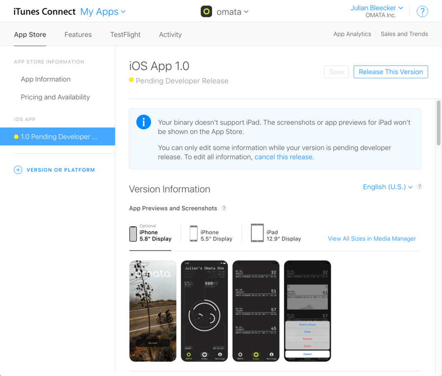 The iTunes Connect App Store page for the OMATA app showing iOS App 1.0 pending developer release, with the App Store screenshot set.