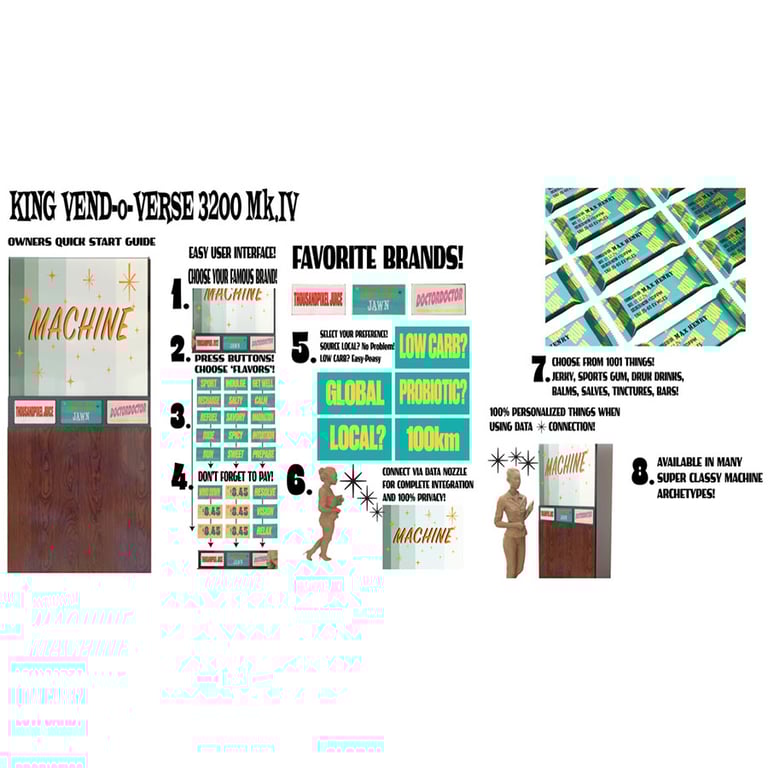 A vending machine for a future in which custom formulations of food are available on demand from vending machines