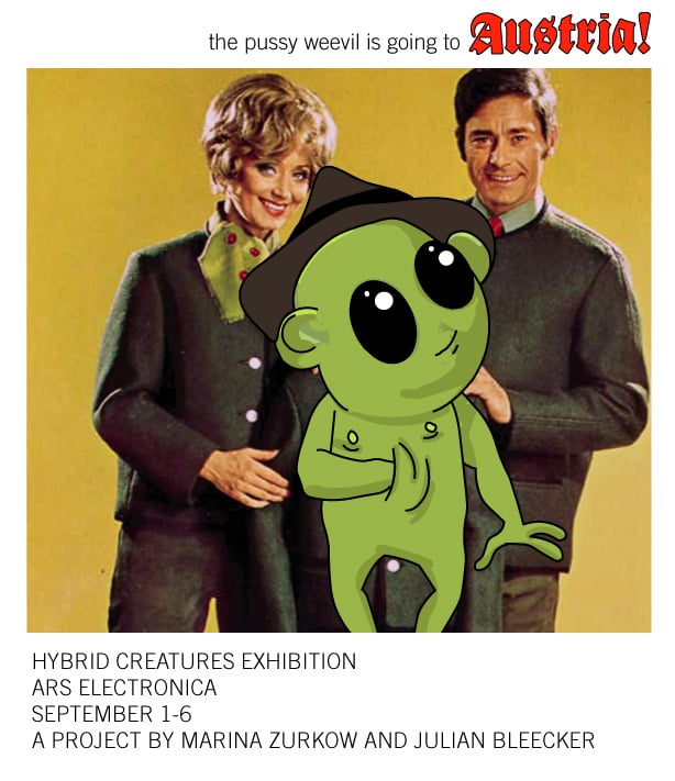 A retro-style image featuring two people in vintage clothing and a cartoon alien character, with exhibition details.