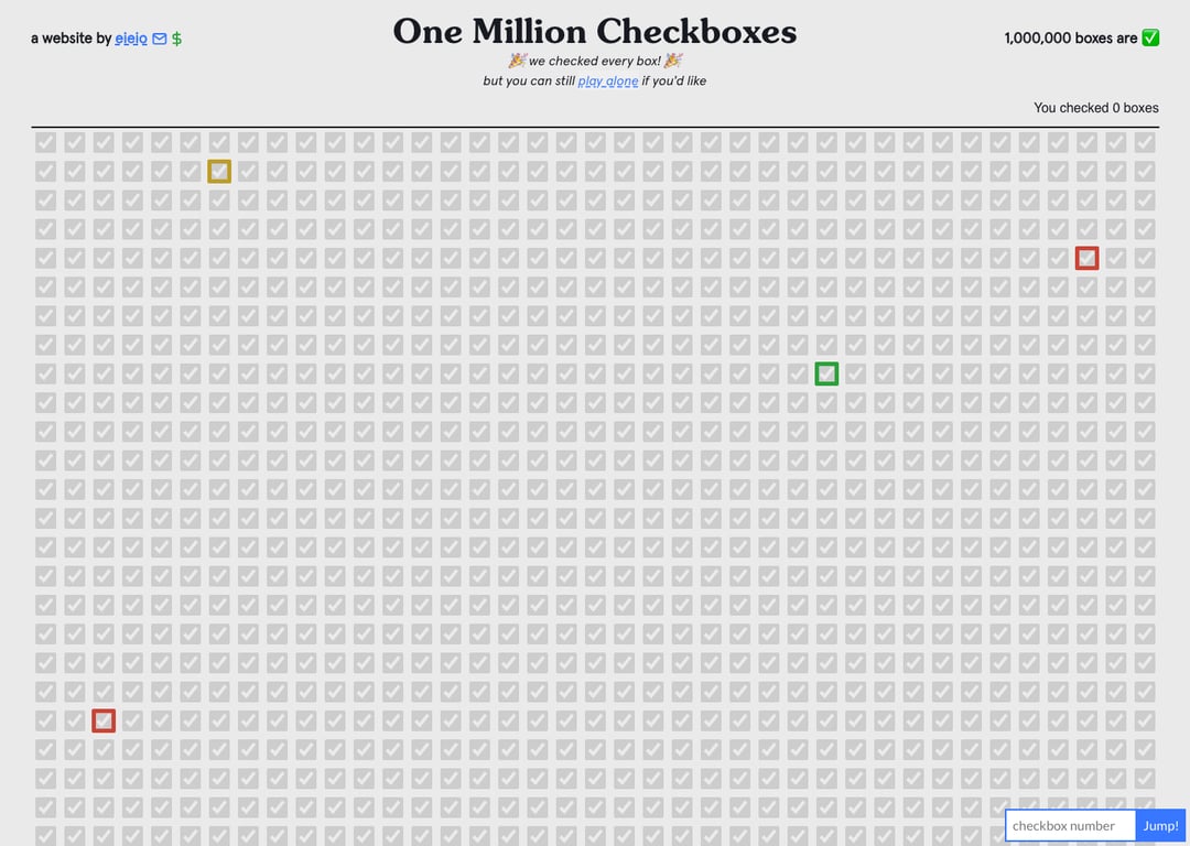 Screenshot of One Million Checkboxes.