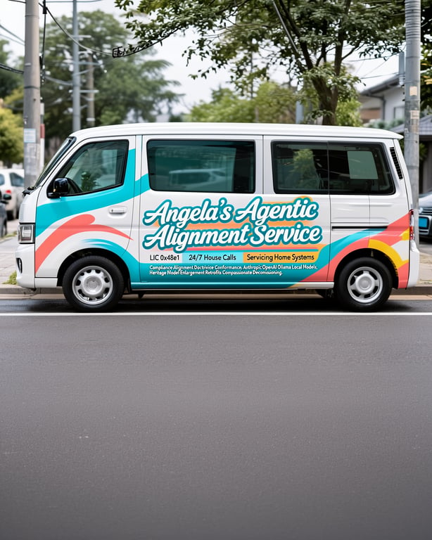 White van with colorful graphics advertising "Angela's Agentic Alignment Service" parked on a street.