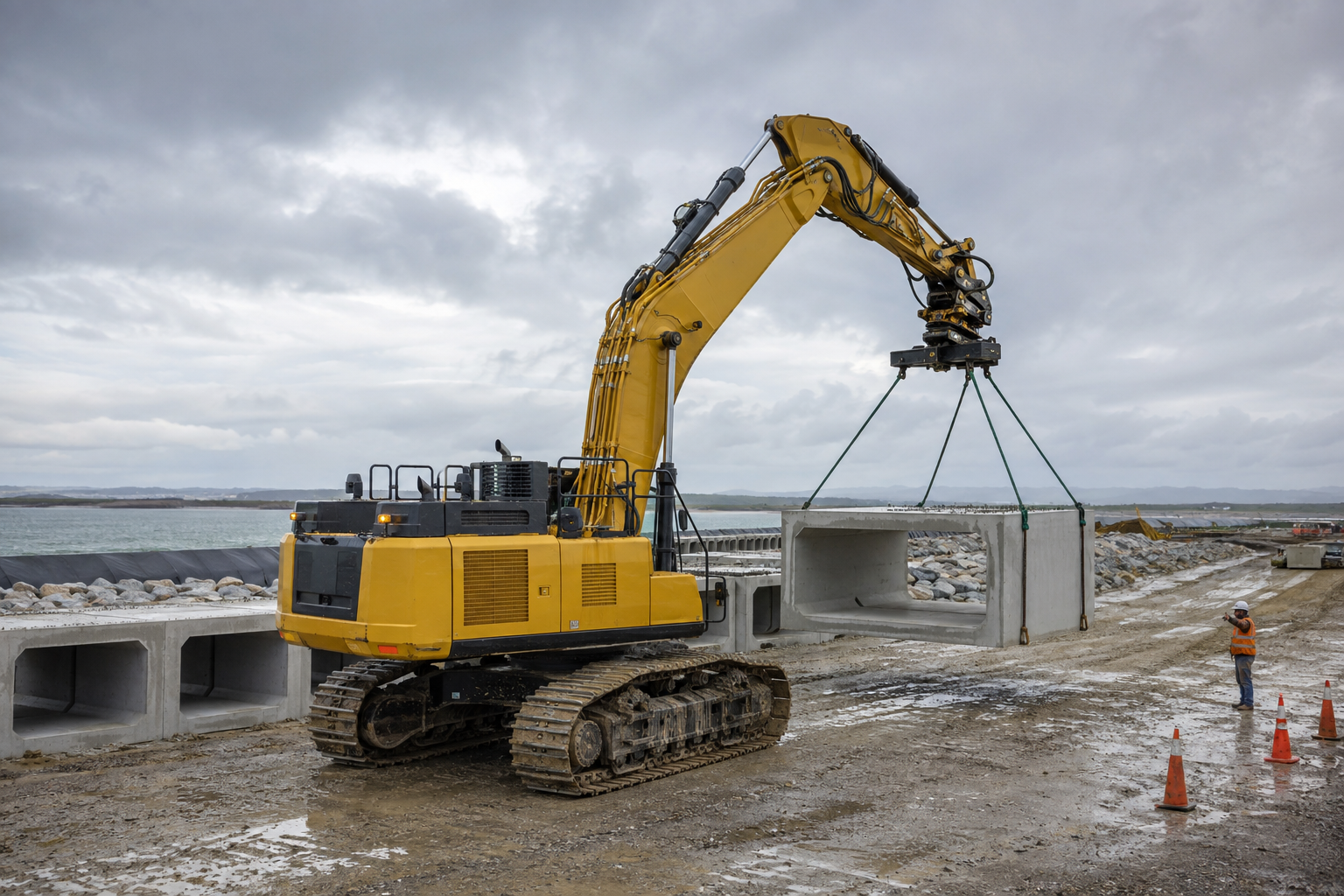 Rear three-quarter view of a cabless yellow tracked excavator lifting a culvert beside a field signaler, with a low black sensing and computing deck above its tracks.