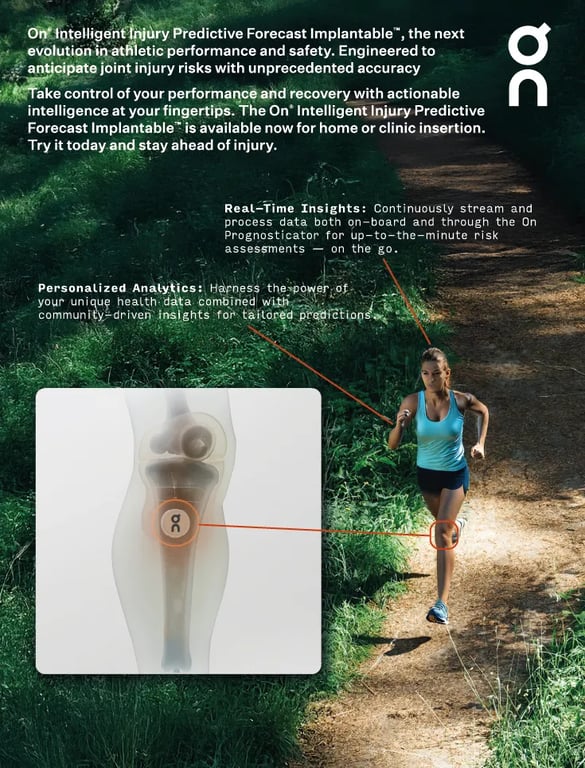 A Design Fiction Dispatch image of a speculative fictional ad of the On Injury Predictive Forecast Implantable