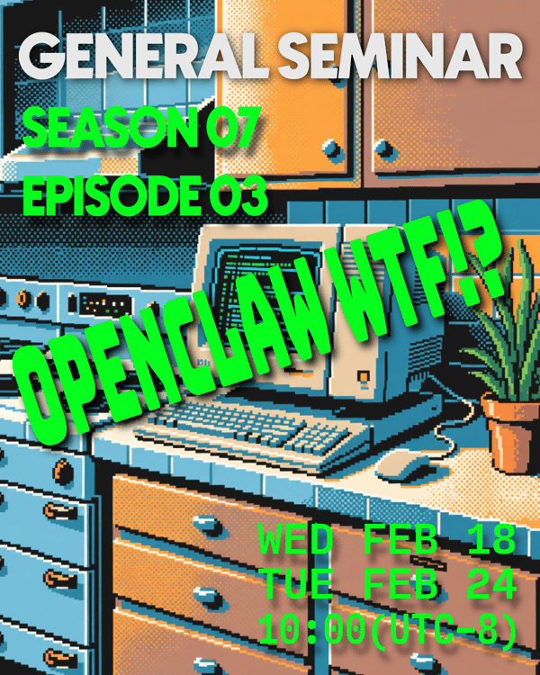 General Seminar S07 E03 Poster in an 8-bit visual style kitchen with a computer in it.