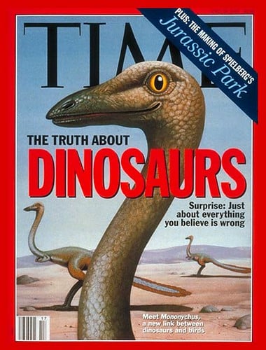 Cover image of Time magazine with an illustration of a dinosaur