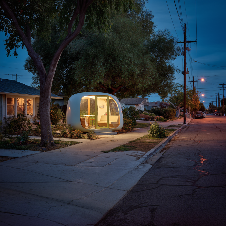 a kiosk capsule K67 designed by the Slovenian Architect Saša J. Mächtig as a neighborhood conversation kiosk designed to foster interaction and engagement in a world that has few ways of engaging with neighbors and strangers. It is sitting in front of a home on a suburban street in South Central Los Angeles