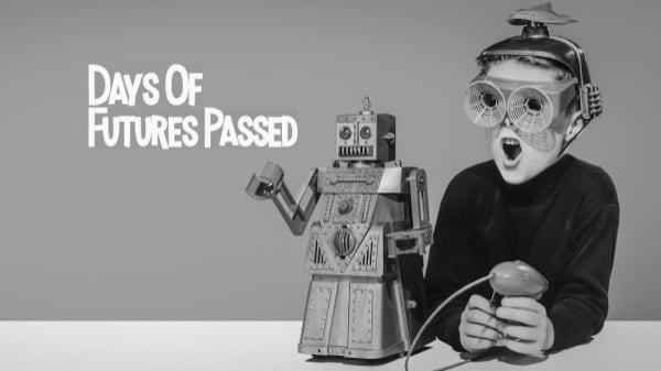 Retrofuture image of a young boy and a toy robot and weird glasses