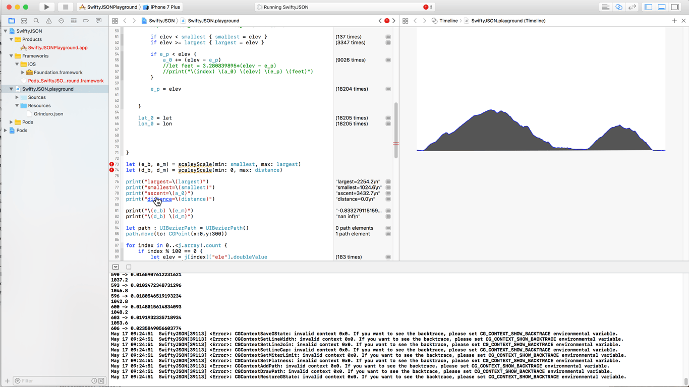 An Xcode Swift playground plotting elevation data beside source code, computed values, and console output.