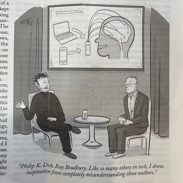Illustration by Ellis Rosen. Two men sit in a discussion, with a brain illustration and tech devices on a screen behind them.