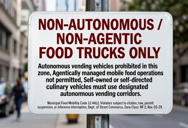 A street sign indicating a different local policy for autonomous agentic activity.