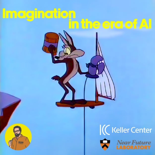 Signage for a talk on Innovation and Imagination in the Era of AI showing Wile E. Coyote in a predicament where he is about to fall off a cliff while innovating on a flying machine to get him across the chasm of the canyon.