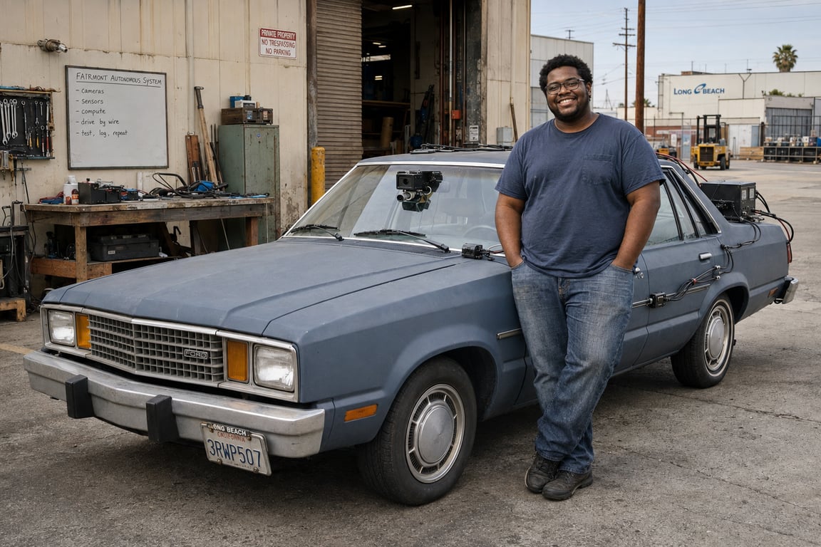 Ryan Norton standing beside his blue-gray autonomous 1980 Ford Fairmont outside a Long Beach workshop, with cameras, wiring, and a small computer enclosure visible.