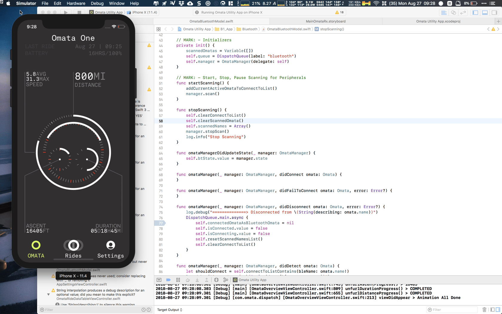 The OMATA iPhone simulator showing the ride dashboard beside Swift source code and live debug output in Xcode.