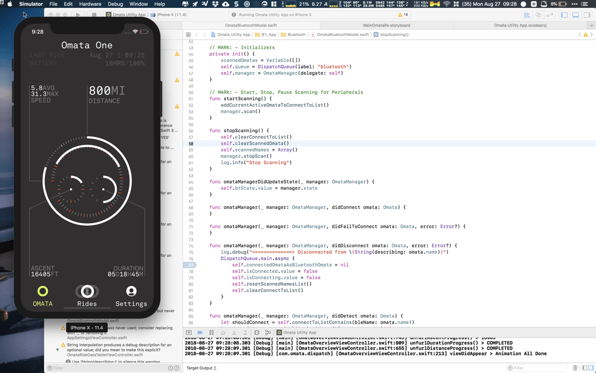 OMATA Utility App running in the iPhone X simulator beside Xcode Bluetooth scanning and connection callbacks; the console reports completed overview animations.