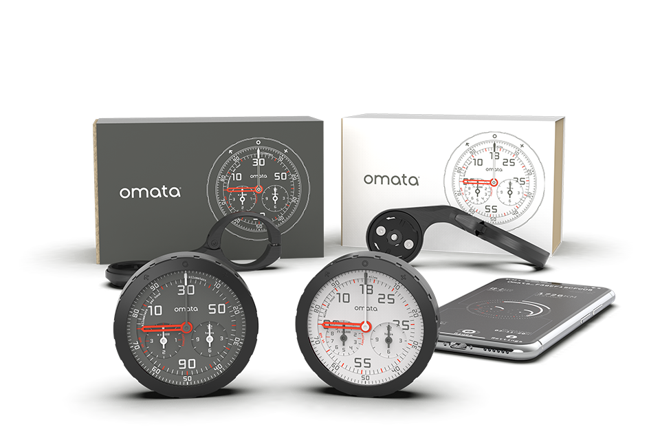 Two OMATA instruments, packaging, a mount, and a phone app arranged on a white background.