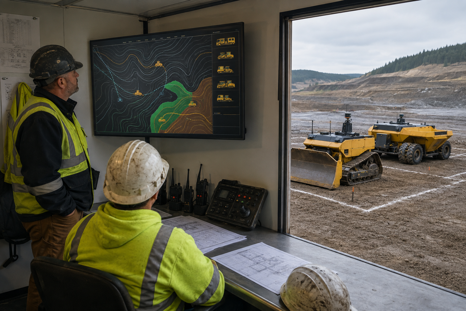 Two field supervisors study a terrain-status screen in a work trailer while cabless yellow autonomous equipment waits in marked zones outside.