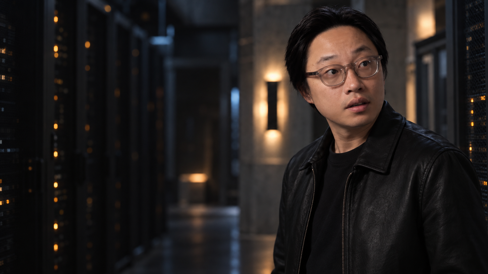 Jimmy O. Yang as Jensen Huang stands in a dim server aisle wearing glasses and a black leather jacket.
