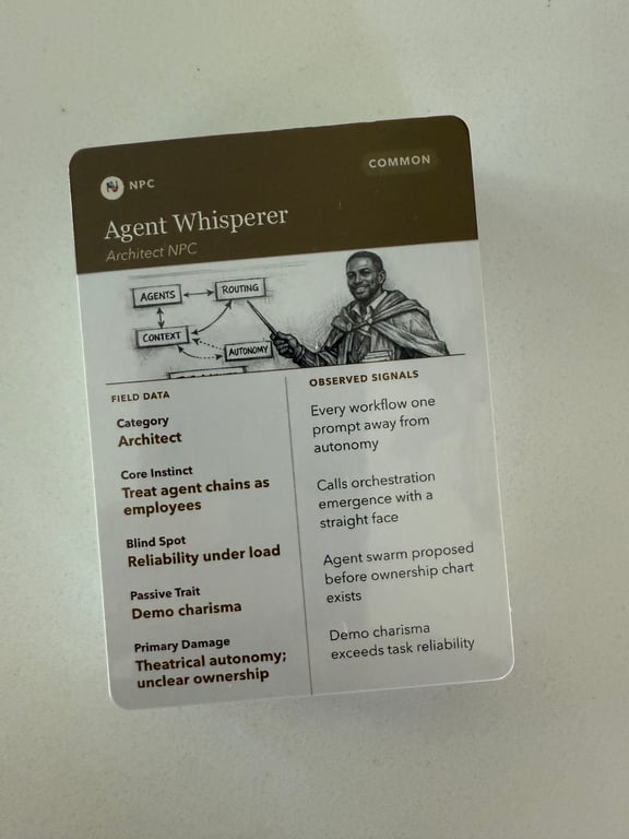 Close-up photograph of the Agent Whisperer architect NPC archetype card included with The AI Developer's Field Guide.