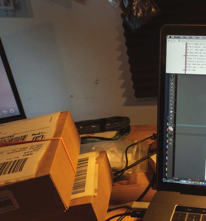 A warm photograph of an OMATA development desk with Xcode on a laptop, shipping boxes, cables, and work in progress.