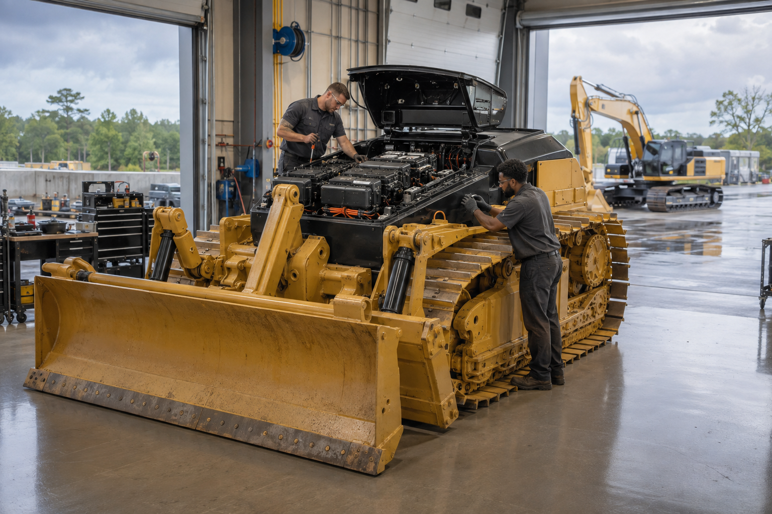 Two technicians inspect the open autonomous compute bay of a cabless yellow crawler dozer in a service workshop.