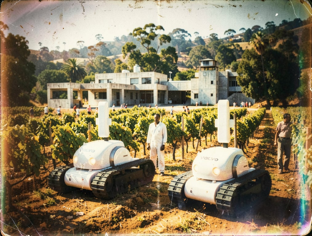 Vintage-toned robots in a vineyard landscape, suggesting autonomous field systems and distributed infrastructure