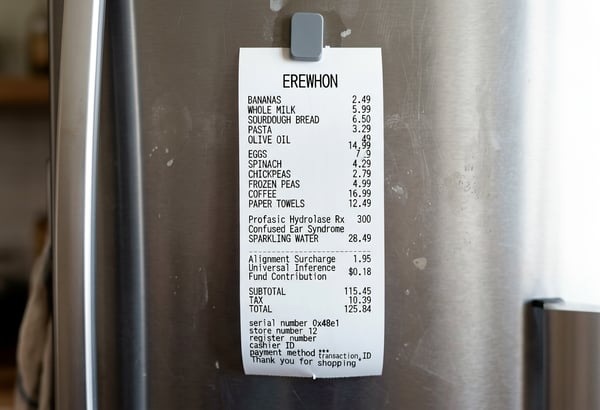Receipt with grocery items and prices attached to a fridge with a magnet.