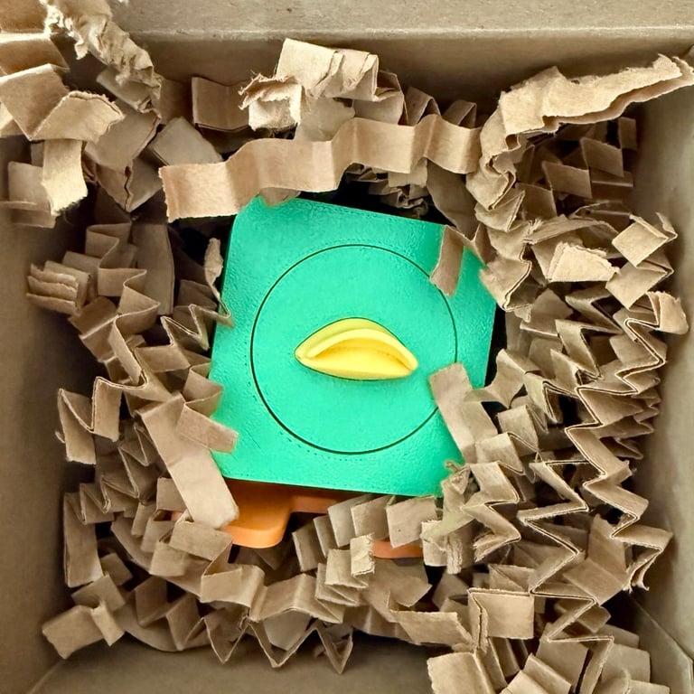 A duck-shaped object and packaging in a candid product photo.