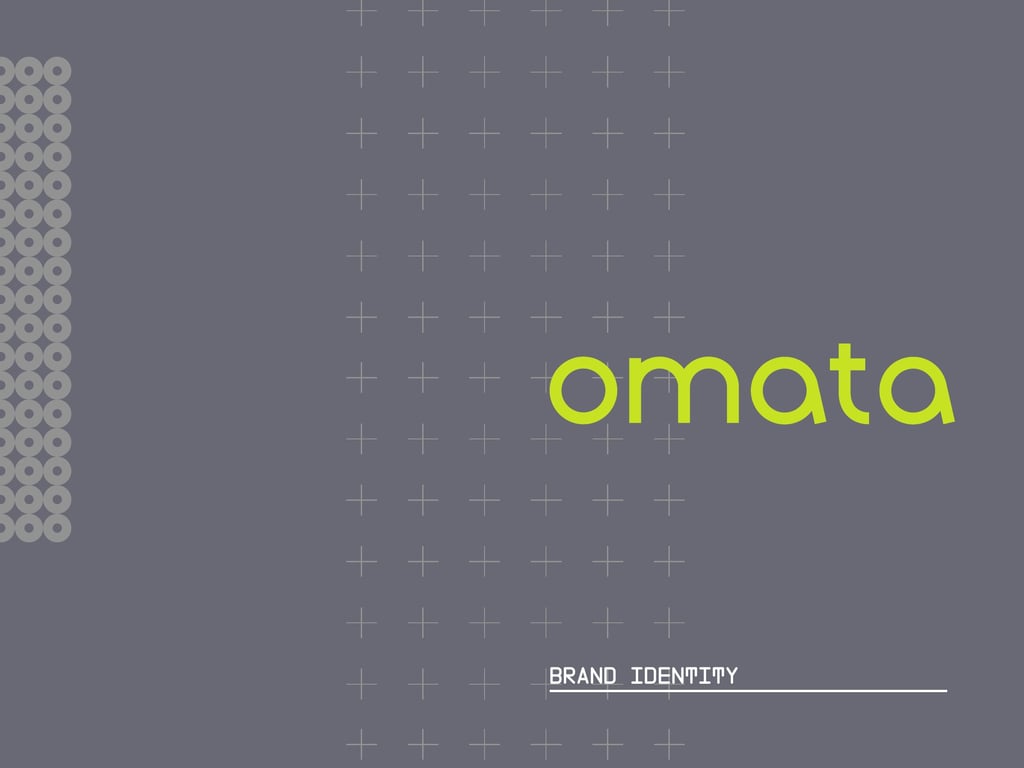 OMATA Brand Identity Guide cover with acid-green wordmark and white geometric marks on slate grey.