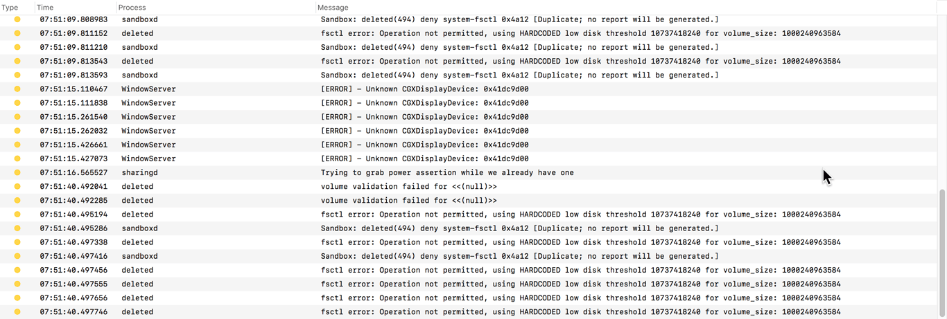 The macOS Console showing repeated sandbox, filesystem, display, and power assertion errors.