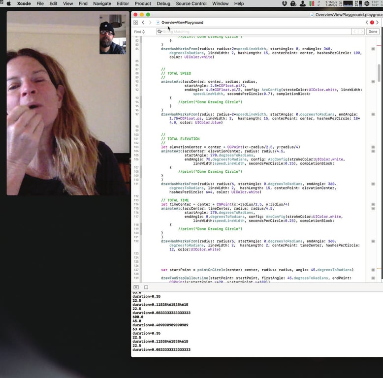 A photograph of an OMATA Xcode playground showing circular gauge geometry and live debugging.