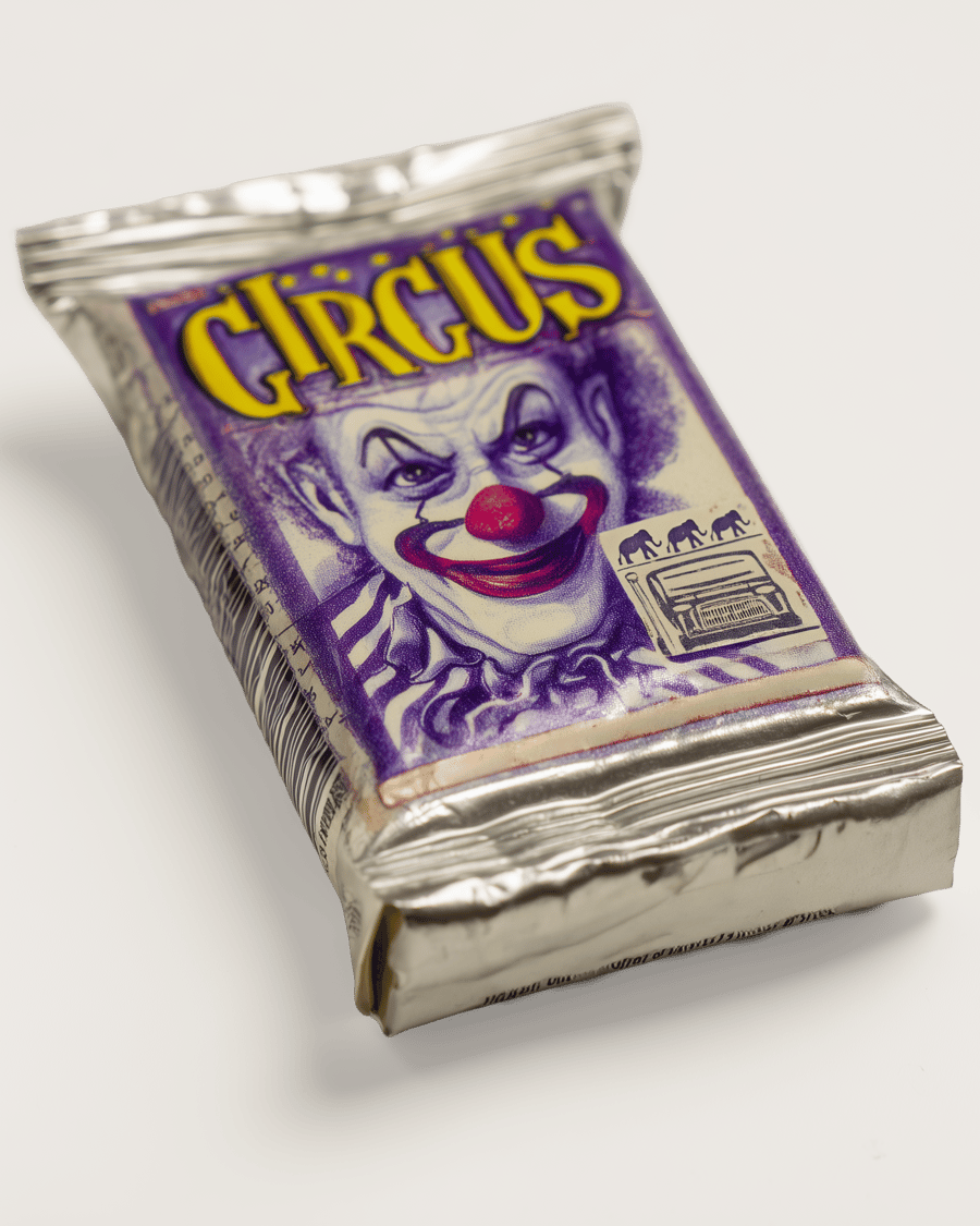 A colorful package featuring a clown illustration and the word 'CIRCUS' on a purple background.