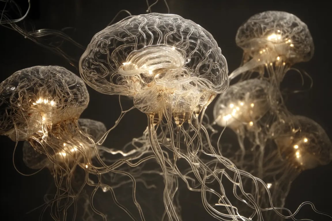 A bunch of jelly brains floating around in a pool of jelly, representing the Largely Languid Models