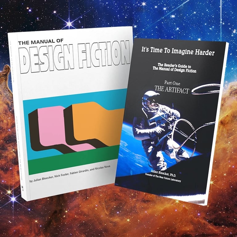 A photo of the books The Manual of Design Fiction and It's Time To Imagine Harder