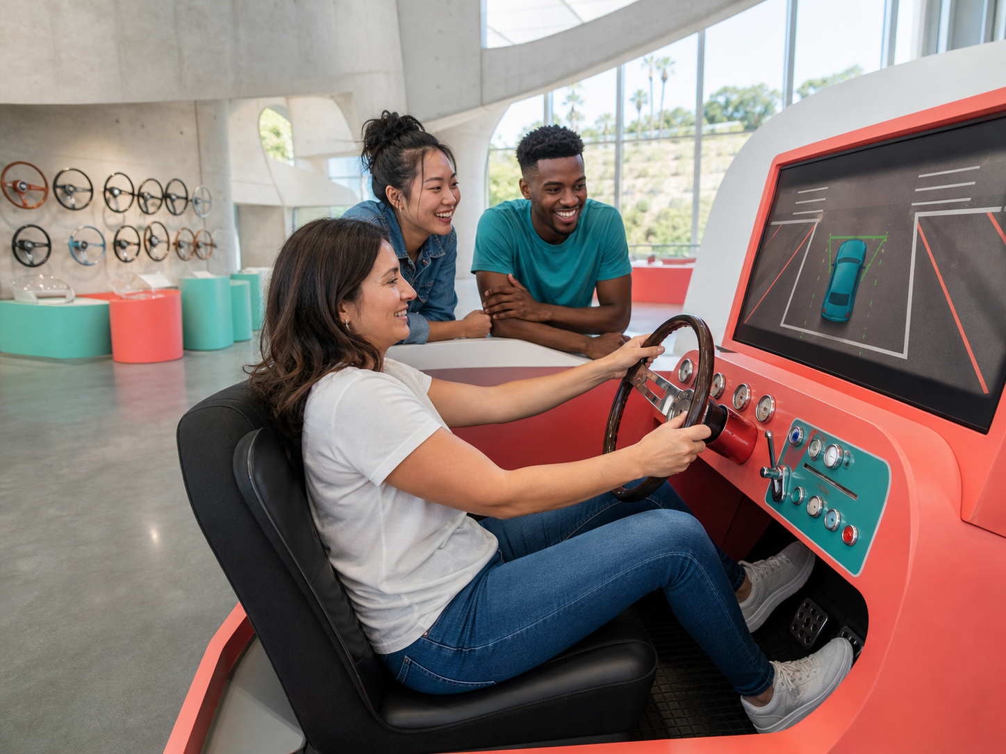 A visitor tries a parallel-parking simulator while two smiling visitors watch inside the Museum of Steering Wheels.