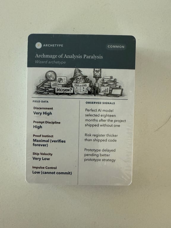 Close-up photograph of the Archmage of Analysis Paralysis wizard archetype card included with The AI Developer's Field Guide.