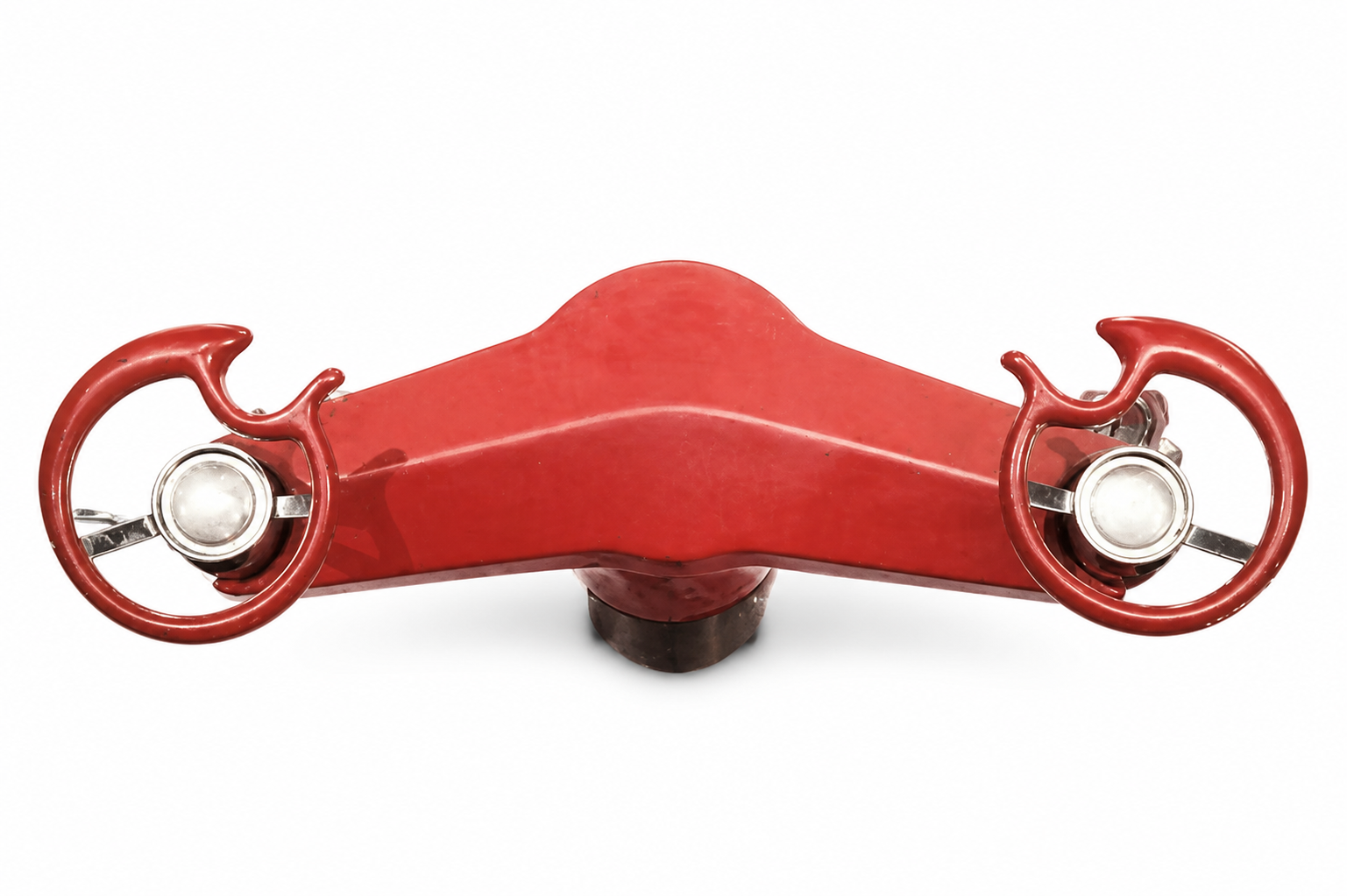 Experimental red Ford steering wheel assembly with two small circular hand wheels and metal hubs, isolated on a white background.