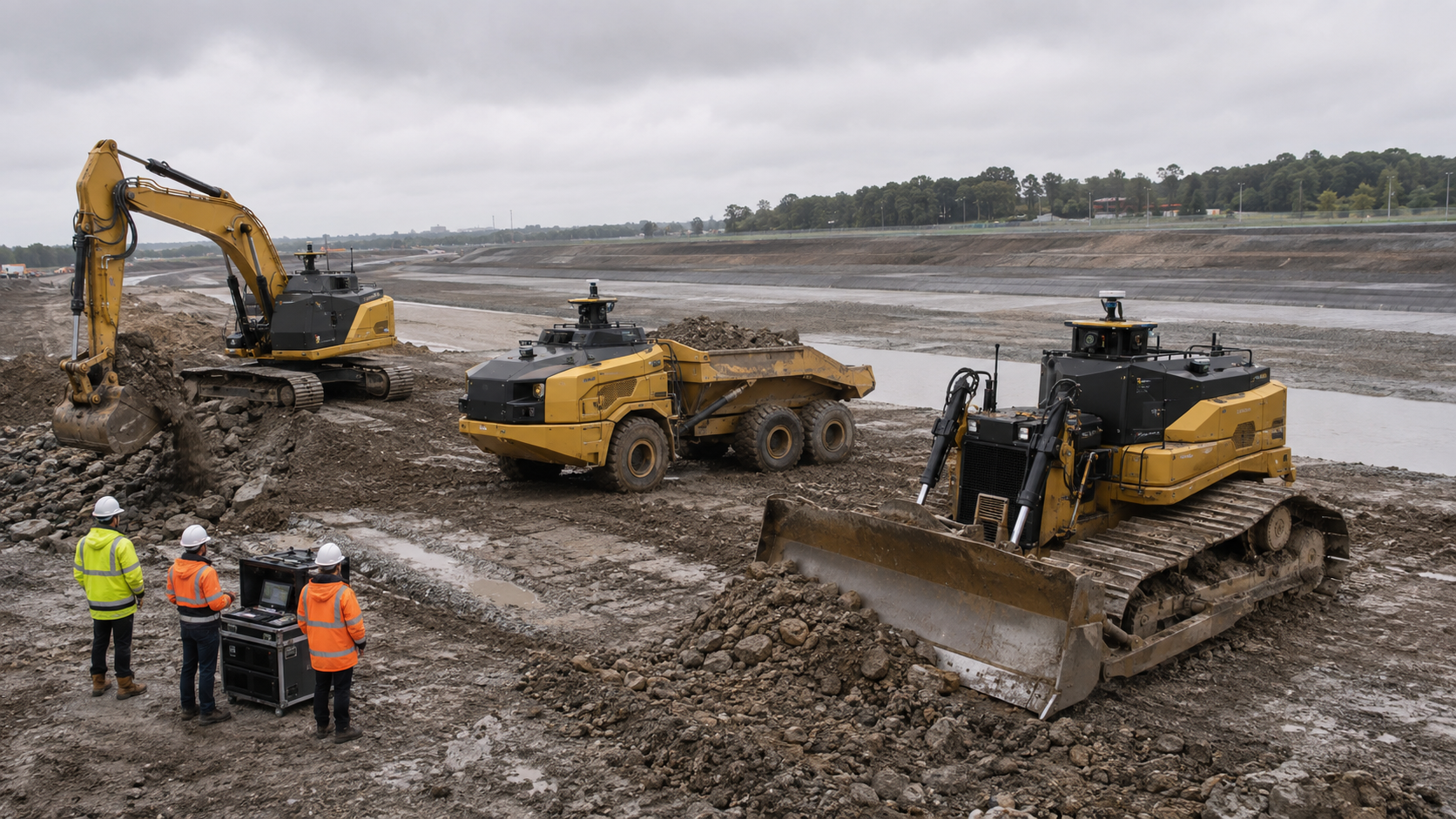 Wide view of three cabless yellow earthmoving machines—a tracked dozer, hydraulic excavator, and articulated hauler—with protected lidar and camera modules, working at a flood-control site while a small supervision team stands by a portable console.