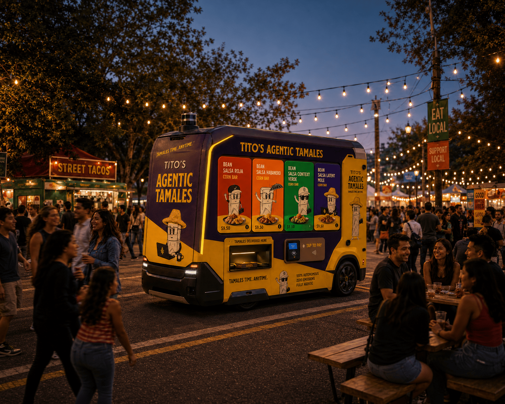 Tito's Agentic Tamales autonomous food truck serving four tamale flavors at a crowded evening street market.