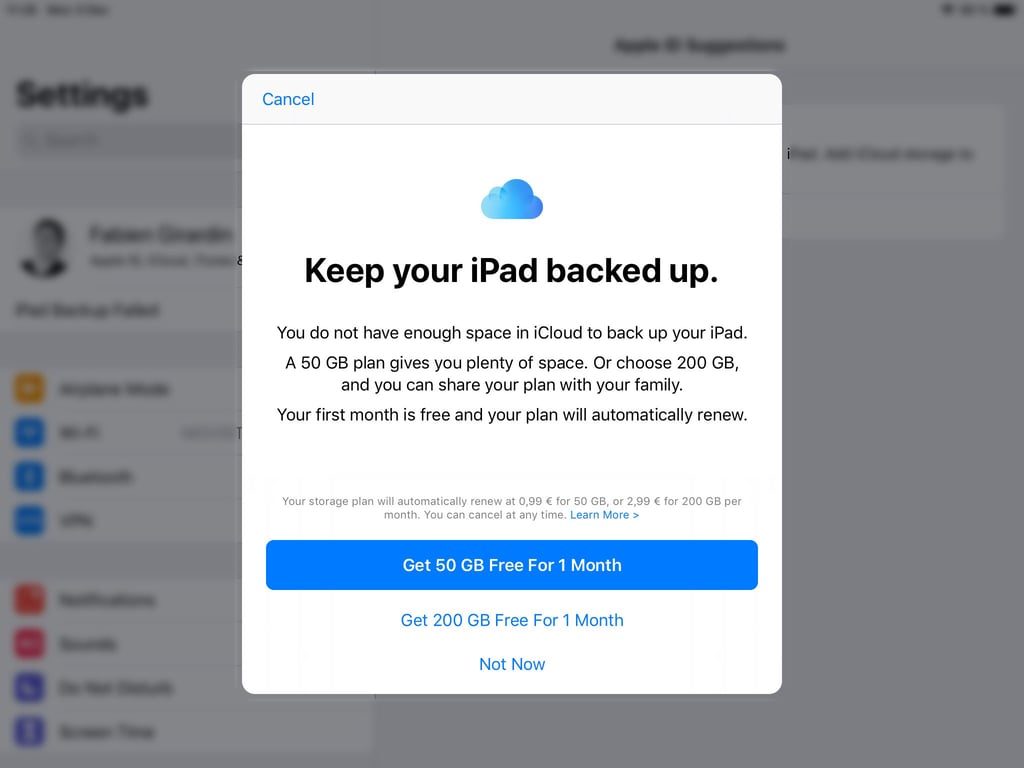 An iPad iCloud dialog offering paid storage upgrades to continue automatic backups.