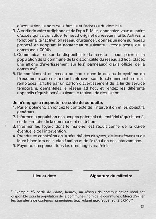 Page 21 of the service booklet, showing emergency network procedures, a code of conduct, and signature lines.