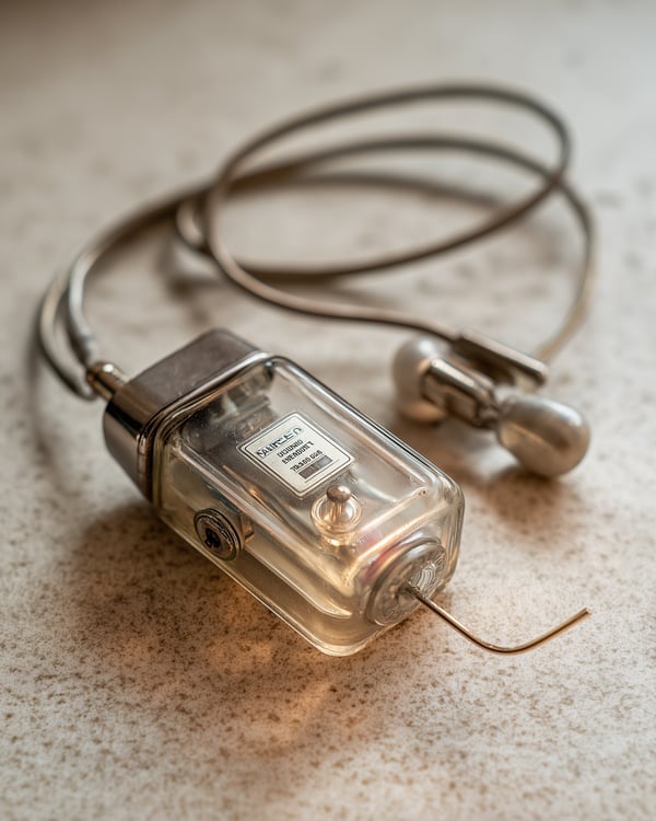 Vintage electrical device with a transparent casing and metal components, resting on a textured surface.