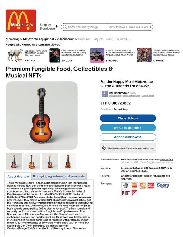A fictional online marketplace, "McDeBay," showcasing a collectible a Fender Happy Meal Metaverse guitar.