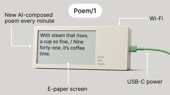 Poem/1 by Matt Webb functional diagram with callouts indicating features and capabilities.