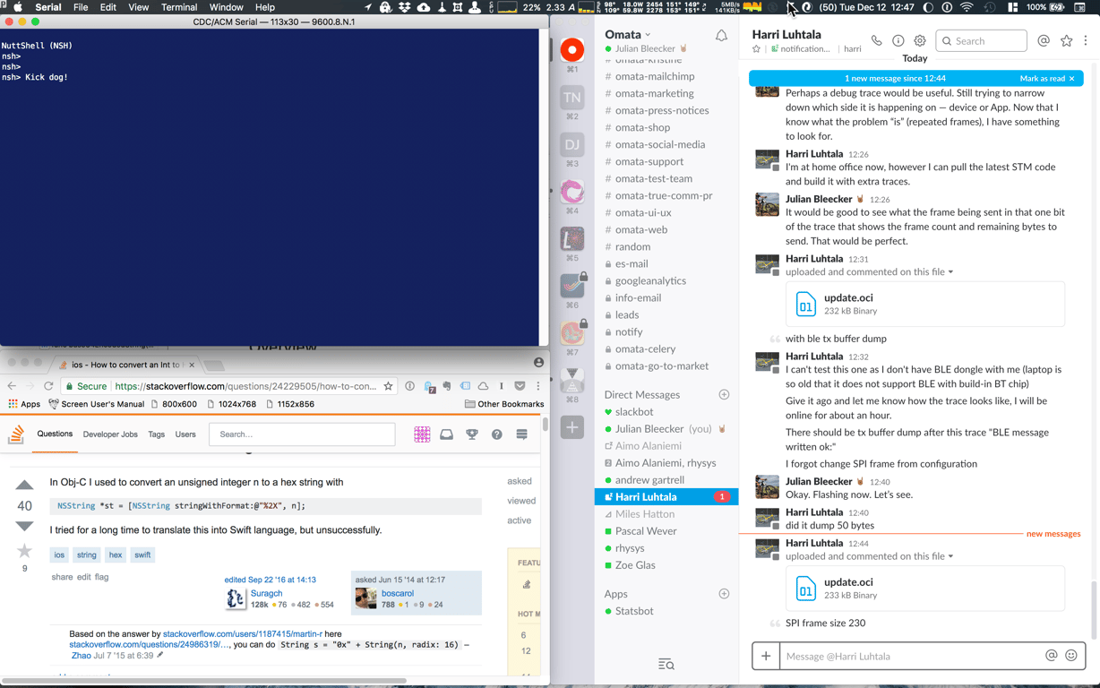 A desktop showing serial output, Stack Overflow, and OMATA Slack messages during BLE debugging.