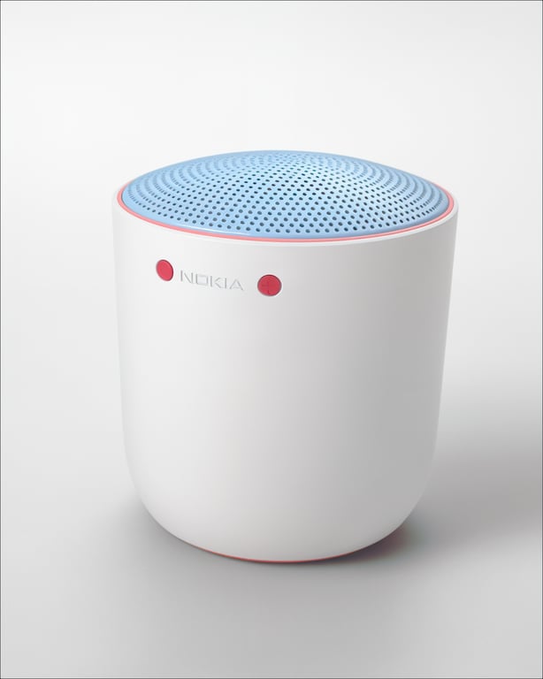 White Social Speaker prototype against a neutral studio background, showing its perforated top grille and circular front control.